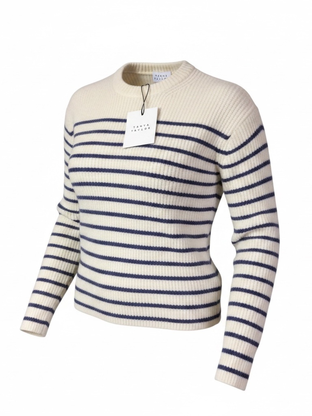 Tanya Taylor Striped Crew Neck Fleur Sweater Blue & White Stripe Size XXS NWT